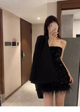 Classy Sheath Strapless Black Sequin Feathers Short Mini Formal 8th Grade Homecoming Dresses Middle School Hoco Court Dress 16th Birthday Dress Hoco Outfits HZ1121