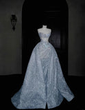Sexy Mermaid Strapless Silver Gray Sequin Long Prom Dresses Party Dress 20th Birthday Outfits Graduation Dresses HZ1121