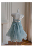 Simple A Line Spaghetti Straps Blue Open Backs Grad Dress Inspo Short Mini Formal 8th Grade Homecoming Dresses High School Hoco Court Dress Graduation Dress Hoco Outfits HZ1121
