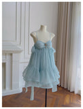 Pretty A Line Spaghetti Straps Blue Open Backs Grad Dress Inspo Short Mini Formal 8th Grade Homecoming Dresses High School Hoco Court Dress Graduation Dress Hoco Outfits HZ1121