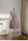 Cute A Line Spaghetti Straps Pink Sequin Grad Dress Inspo Formal 8th Grade Homecoming Dresses High School Hoco Court Dress Short Graduation Dress With Cape HZ1121