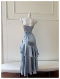 Sexy Mermaid Spaghetti Straps Dusty Blue Satin Long Prom Dresses Party Dress 20th Birthday Outfits Graduation Dresses HZ1121