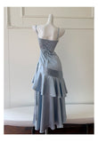 Sexy Mermaid Spaghetti Straps Dusty Blue Satin Long Prom Dresses Party Dress 20th Birthday Outfits Graduation Dresses HZ1121