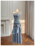 Sexy Mermaid Spaghetti Straps Dusty Blue Satin Long Prom Dresses Party Dress 20th Birthday Outfits Graduation Dresses HZ1121