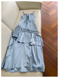 Simple Mermaid Spaghetti Straps Dusty Blue Satin Long Prom Dresses Party Dress 20th Birthday Outfits Graduation Dresses HZ1121