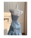 Simple Mermaid Spaghetti Straps Dusty Blue Satin Long Prom Dresses Party Dress 20th Birthday Outfits Graduation Dresses HZ1121