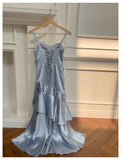 Simple Mermaid Spaghetti Straps Dusty Blue Satin Long Prom Dresses Party Dress 20th Birthday Outfits Graduation Dresses HZ1121