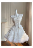 Pretty Ball Gown Spaghetti Straps Corset Back White Grad Dress Inspo Short Mini Formal 8th Grade Homecoming Dresses High School Hoco Court Dress Graduation Dress Hoco Outfits HZ1121