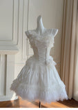 Pretty Ball Gown Spaghetti Straps Corset Back White Grad Dress Inspo Short Mini Formal 8th Grade Homecoming Dresses High School Hoco Court Dress Graduation Dress Cocktail Birthday Outfits HZ1121