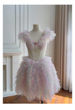 Cute Ball Gown V Neck Pink Grad Dress Inspo Short Mini Formal 8th Grade Homecoming Dresses High School Hoco Court Dress Graduation Dress Cocktail Birthday Outfits HZ1121
