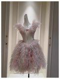 Cute Ball Gown V Neck Pink Grad Dress Inspo Short Mini Formal 8th Grade Homecoming Dresses High School Hoco Court Dress Graduation Dress Cocktail Birthday Outfits HZ1121