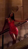 Classy Sheath Tight Body Straps Red Sequin Grad Dress Inspo Short Mini Formal 8th Grade Homecoming Dresses Middle School Hoco Court Dress Graduation Dress Cocktail Dress HZ1121