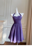 Modest A line Chiffon Halter Grape Grad Dress Inspo Short Mini Formal 8th Grade Homecoming Dresses High School Hoco Court Dress Graduation Dress Cocktail Gown Birthday Outfits HZ1121