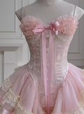 Modest Ball Gown Spaghetti Straps Pink Lace Grad Dress Inspo Short Mini Formal 8th Grade Homecoming Dresses High School Hoco Court Dress Graduation Dress Cocktail Gown Birthday Outfits HZ1121