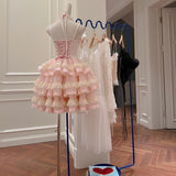 Modest Ball Gown Spaghetti Straps Pink Lace Grad Dress Inspo Short Mini Formal 8th Grade Homecoming Dresses High School Hoco Court Dress Graduation Dress Cocktail Gown Birthday Outfits HZ1121