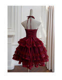 Modest Ball Gown Spaghetti Straps Burgundy Lace Grad Dress Inspo Short Mini Formal 8th Grade Homecoming Dresses High School Hoco Court Dress Graduation Dress Cocktail Gown Birthday Outfits HZ1121