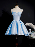 Simple A line Spaghetti Straps Blue Satin Formal 8th Grade Homecoming Dresses Middle School Short Birthday Gowns Graduation Dress Hoco Outfits HZ1121