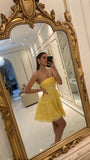 Modest A line Strapless Yellow Chiffon Short Mini Formal 8th Grade Homecoming Dresses Middle School Short Cocktail Gowns Graduation Dress Hoco Outfits HZ1121