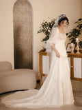 Romantic Wedding Gown Bridal Dress A Line Square Neck Satin Wedding Dress Ivory Wedding Dresses Modest Wedding Gowns HZ1121