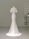 Princess Bridal Dress Mermaid Off The Shoulder White Sequin Feathers Wedding Dress Wedding Dresses Modest Wedding Gowns HZ1121