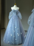 Pretty Ball Gown Off The Shoulder Blue Tulle Long Floral Quinceanera Dress Formal Gowns Sweet 17 Dresses Vestido De 15 Anos Sweet 16 Dress HZ1121