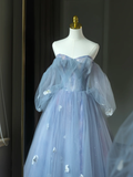 Pretty Ball Gown Off The Shoulder Blue Tulle Long Floral Quinceanera Dress Formal Gowns Sweet 17 Dresses Vestido De 15 Anos Sweet 16 Dress HZ1121