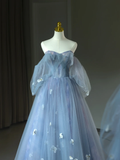 Pretty Ball Gown Off The Shoulder Blue Tulle Long Floral Quinceanera Dress Formal Gowns Sweet 17 Dresses Vestido De 15 Anos Sweet 16 Dress HZ1121