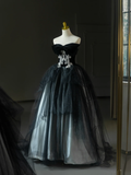 Pretty Ball Gown Strapless Black Tulle Long Lace Quinceanera Dress Formal Gowns Sweet 17 Dresses Vestido De 15 Anos Sweet 16 Dress HZ1121