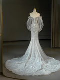 Princess Bridal Dress Mermaid Off The Shoulder Lace Tulle Long Sleeves Wedding Dress With Long Sleeves Wedding Dresses Modest Wedding Gowns HZ1121