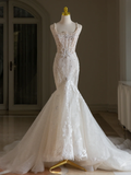 Classic Wedding Gown Bridal Dress Mermaid Square Neck Lace Tulle Wedding Dress Long Wedding Dresses Modest Wedding Gowns HZ1121
