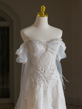 Unique Wedding Dress A Line Off The Shoulder Sequin Short Sleeves 70s Wedding Dresses Bridal Gowns HZ1121