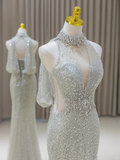 Sexy Mermaid High Neck Silver Gray Sequin Long Prom Dresses Party Dress 20th Birthday Outfits Graduation Dresses HZ1121