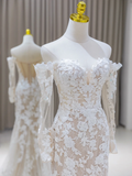 Unique Wedding Dress Mermaid Off The Shoulder Lace Long Sleeves 70s Wedding Dresses Bridal Gowns HZ1121