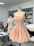 Cute Ball Gown Square Neck Lace Pink Short Mini Formal 8th Grade Homecoming Dresses Middle School Short Cocktail Dress Hoco Outfits HZ1121