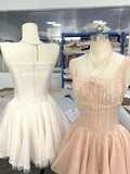 Cute Ball Gown Square Neck Lace Pink Short Mini Formal 8th Grade Homecoming Dresses Middle School Short Cocktail Dress Hoco Outfits HZ1121