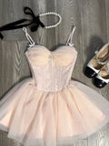 Cute A Line Spaghetti Straps Pink Tulle Formal 8th Grade Homecoming Dresses Middle School Short Cocktail Gowns Graduation Dress Hoco Outfits HZ1121