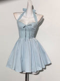 Simple A line Halter Blue Formal 8th Grade Homecoming Dresses Middle School Short Birthday Gowns Graduation Dress Hoco Outfits HZ1121