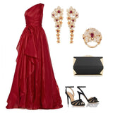 Gorgeous A line One Shoulder Red Chiffon Birthday Dress Prom Dress Graduation Dresses HZ1121