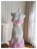 Sexy Mermaid Spaghetti Straps Pink Chiffon Long Prom Dresses Party Dress 20th Birthday Outfits Graduation Dresses HZ1121