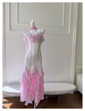 Sexy Mermaid Spaghetti Straps Pink Chiffon Long Prom Dresses Party Dress 20th Birthday Outfits Graduation Dresses HZ1121