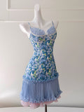 Modest A Line Spaghetti Straps Floral Blue Formal 8th Grade Homecoming Dresses Middle School Short Birthday Gowns Graduation Dress Hoco Outfits HZ1121
