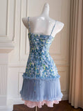 Modest A Line Spaghetti Straps Floral Blue Formal 8th Grade Homecoming Dresses Middle School Short Birthday Gowns Graduation Dress Hoco Outfits HZ1121