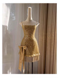 Modest Sheath Spaghetti Straps Gold Sequin Formal 8th Grade Homecoming Dresses Middle School Short Birthday Gowns Graduation Dress Hoco Outfits HZ1121