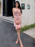 Sexy Sheath Spaghetti Straps Pink Sequin Short Mini Formal 8th Grade Homecoming Dresses Middle School Short Birthday Gowns Graduation Dress Hoco Outfits HZ1121