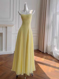 Simple A line Spaghetti Straps Yellow Chiffon Long Prom Dresses Party Dress 20th Birthday Outfits Graduation Dresses HZ1121