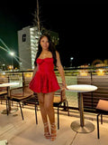 Modest A line Straps Red Satin Formal Short Homecoming Dress Middle School Short 21st Birthday Outfits Graduation Dress Cocktail Dresses HZ1121