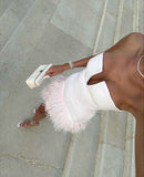 Aesthetic Sheath Strapless Light Pink Tight Mini Feathers Formal Homecoming Dress Short Cocktail Outfits Graduation Dress Hoco Dress HZ1121