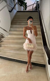 Aesthetic Sheath Strapless Light Pink Tight Mini Feathers Formal Homecoming Dress Short Cocktail Outfits Graduation Dress Hoco Dress HZ1121