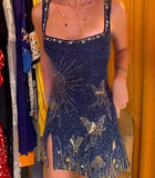 Aesthetic Sheath Square Neck Navy Blue Sequin Tight Mini Feathers Formal Homecoming Dress Short Cocktail Outfits Graduation Dress Mini Hoco Dress HZ1121