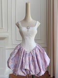 Pretty Ball Gown Square Neck Lilac Floral Printed Pattern Satin Formal Homecoming Dress Middle School Short 21st Birthday Outfits Graduation Dress Mini Cocktail Dresses HZ1121